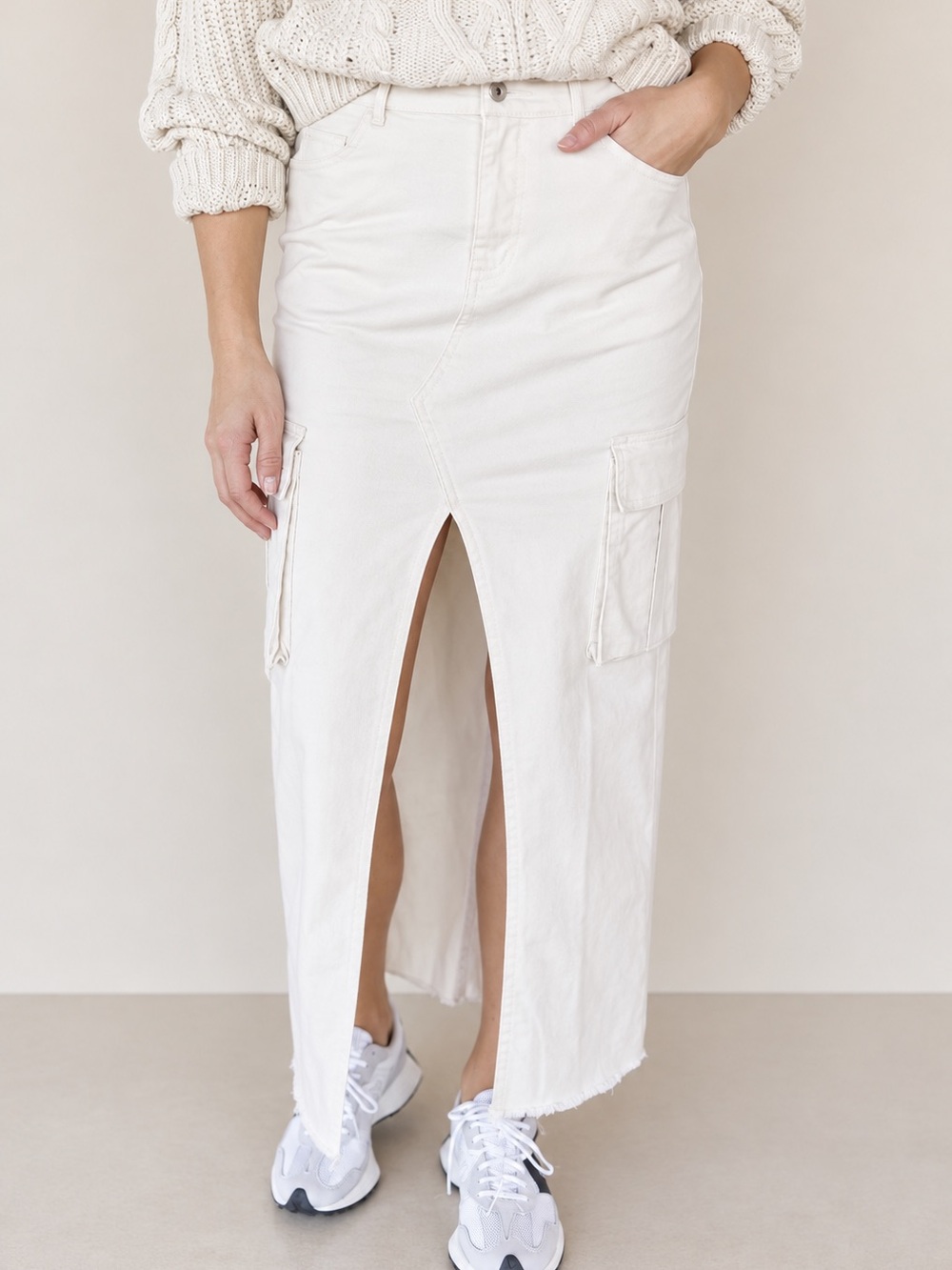 Women’s Cream Cargo Maxi Skirt with Front Slit